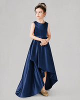 Navy Blue Satin A-line Junior Bridesmaid Dress Side View