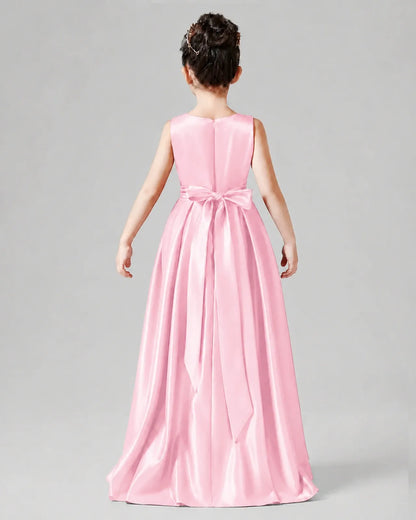 Pink Satin A-line Junior Bridesmaid Dress Back View