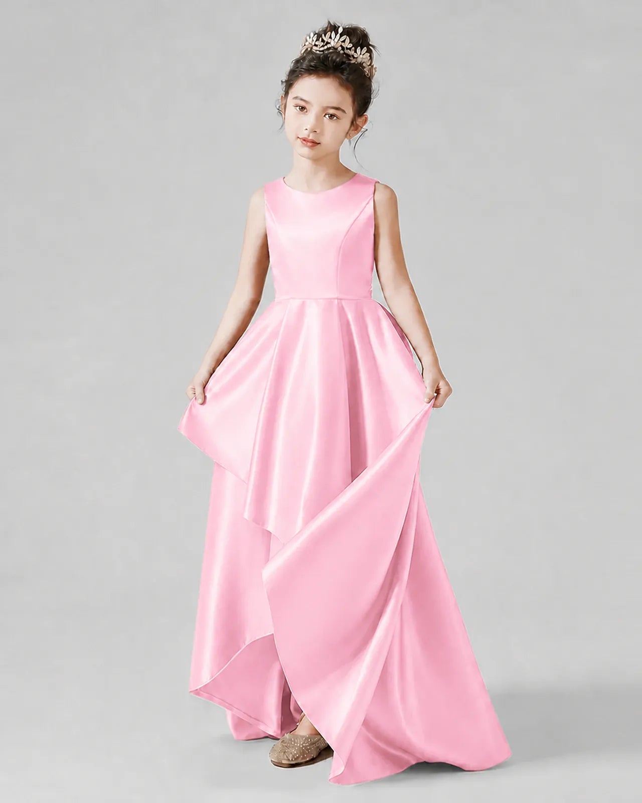 Pink Satin A-line Junior Bridesmaid Dress Front View