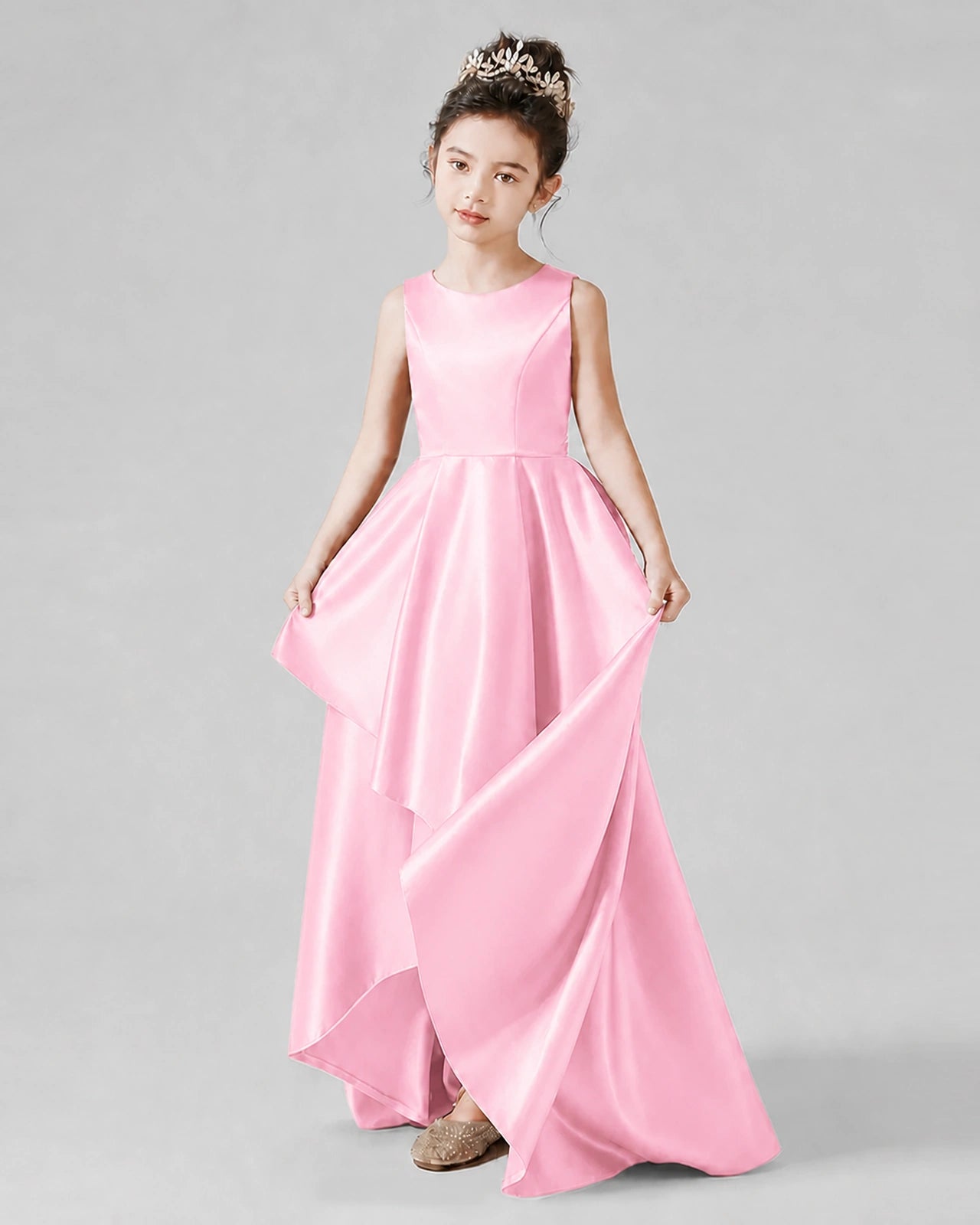 Dideyttawl Junior Bridesmaid Dress with Sleeveless Satin Bodice and High-Low Skirt