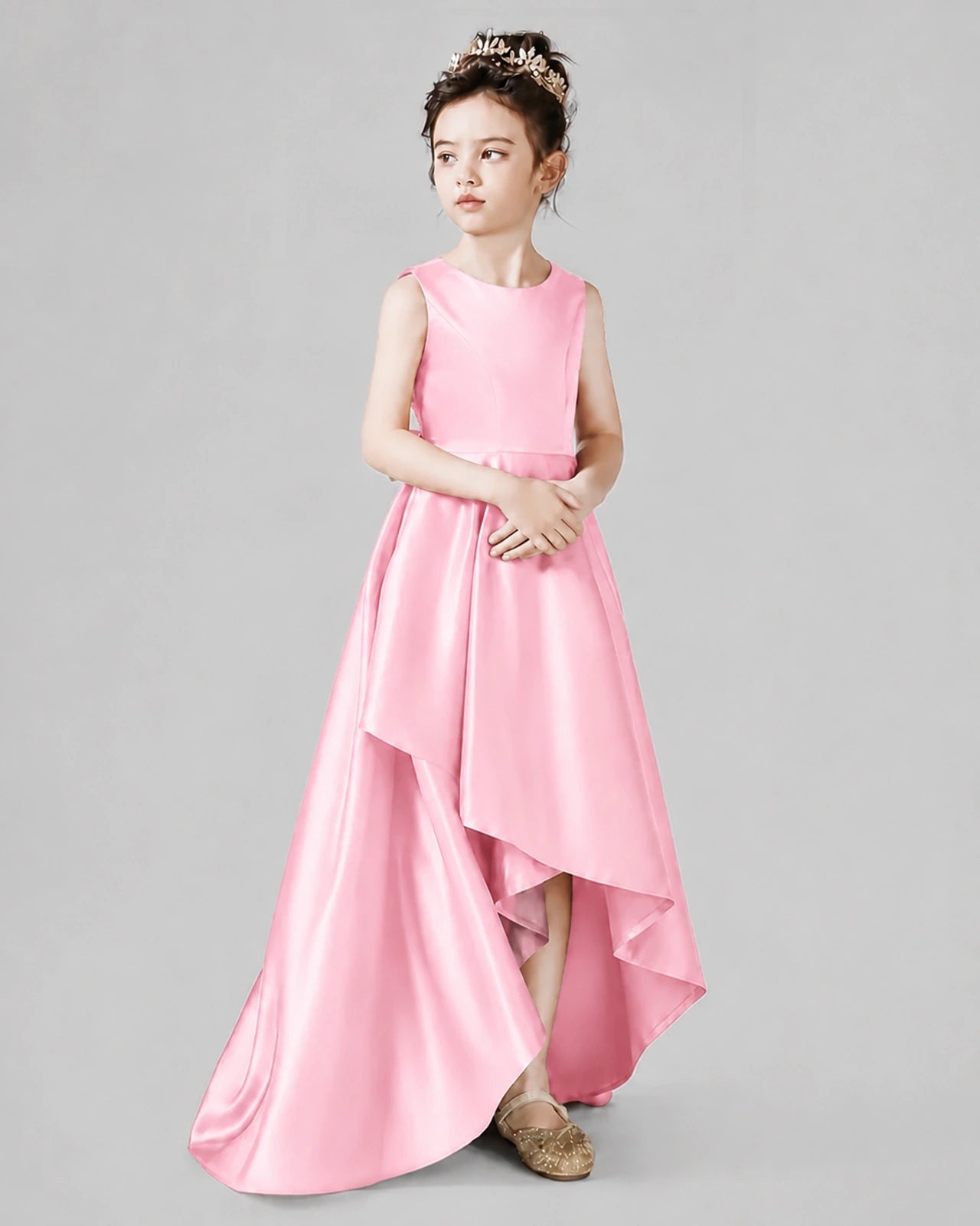 Dideyttawl Junior Bridesmaid Dress with Sleeveless Satin Bodice and High-Low Skirt