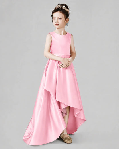 Pink Satin A-line Junior Bridesmaid Dress Side View