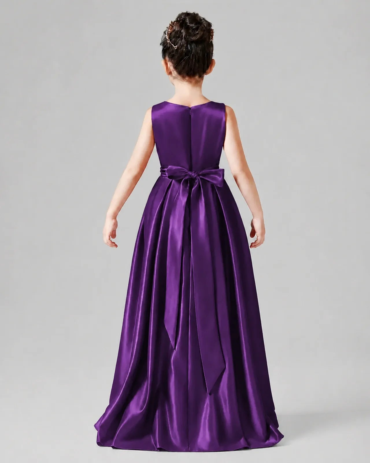Purple Satin A-line Junior Bridesmaid Dress Back View