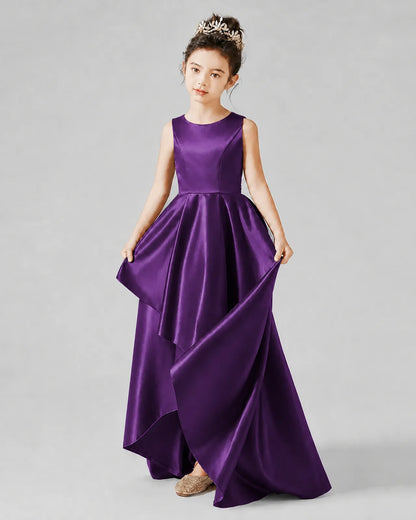 Purple Satin A-line Junior Bridesmaid Dress Front View