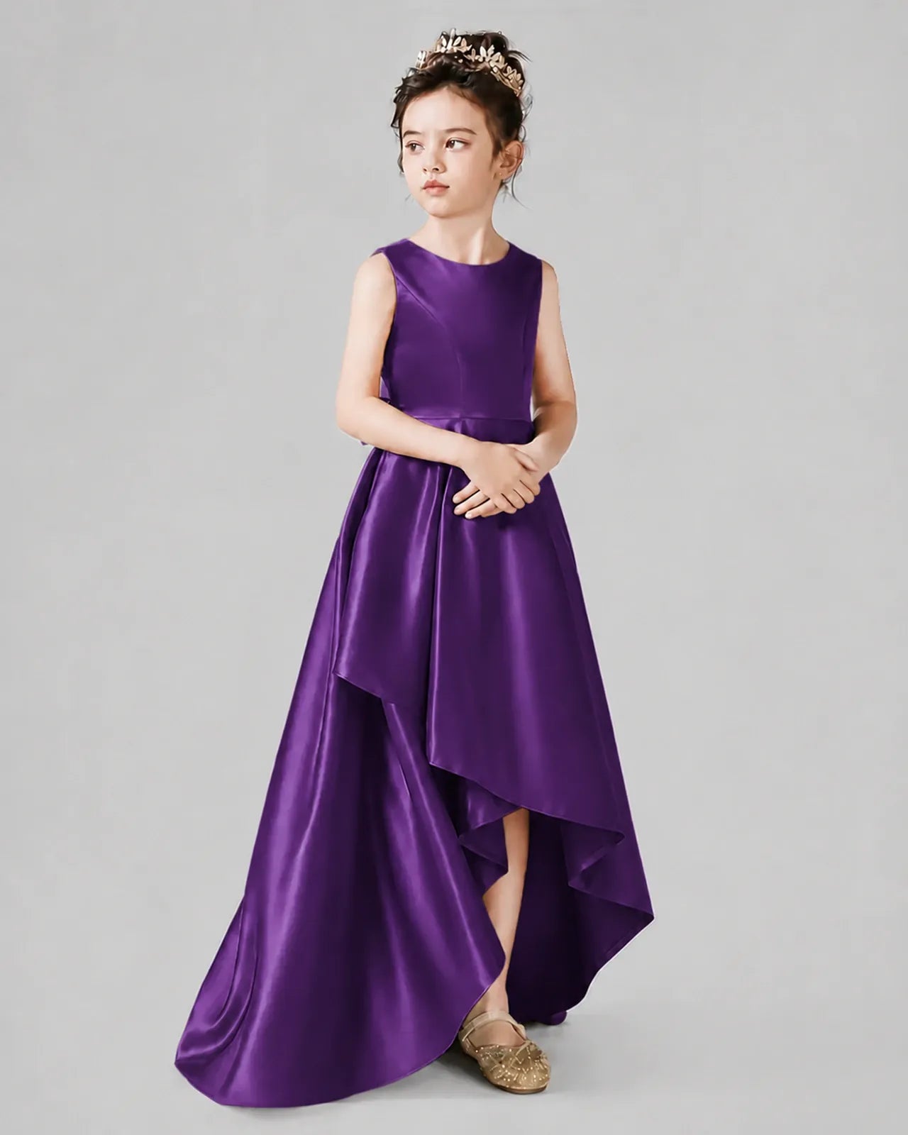 Purple Satin A-line Junior Bridesmaid Dress Side View