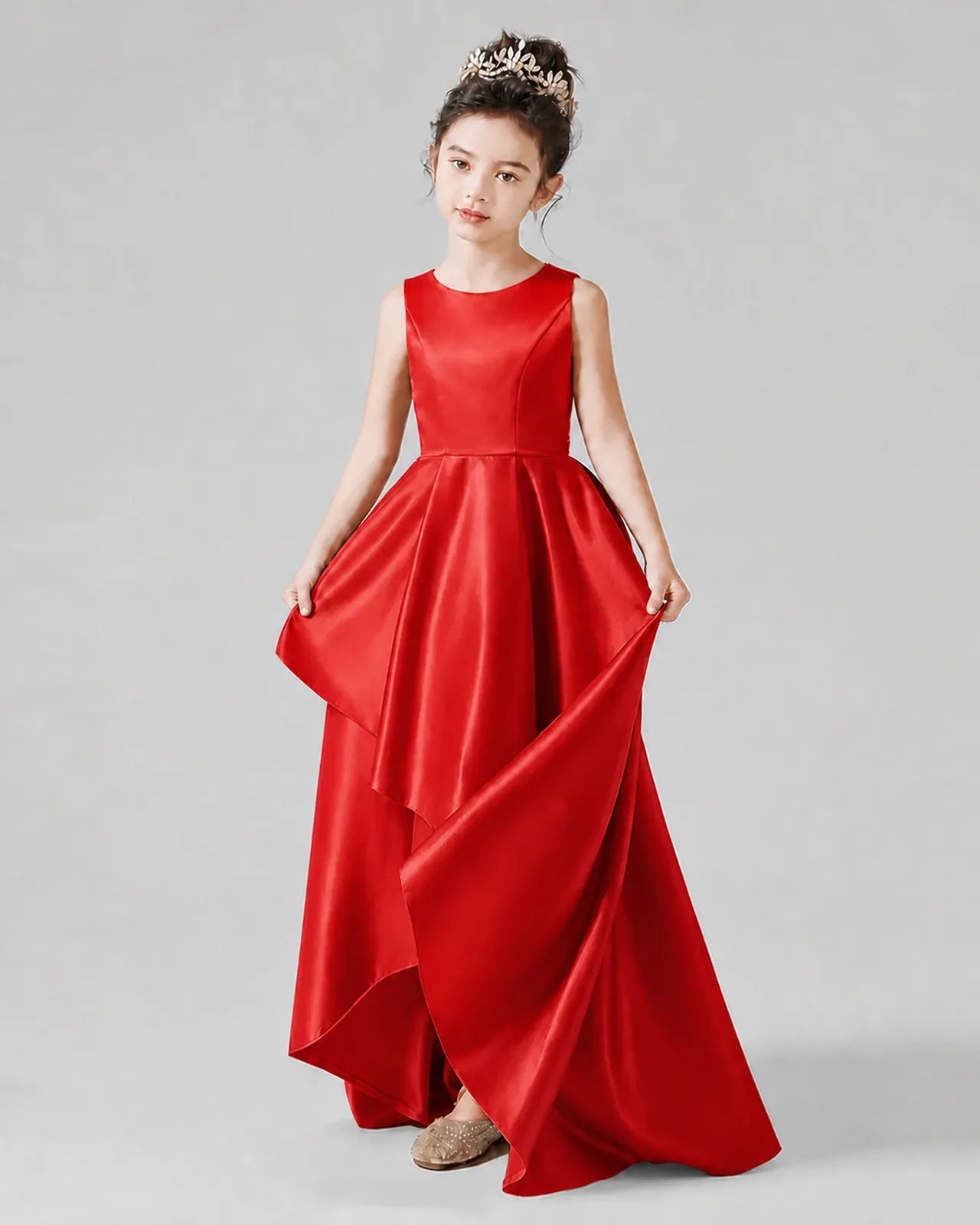 Red Satin A-line Junior Bridesmaid Dress Front View