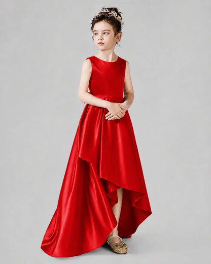 Red Satin A-line Junior Bridesmaid Dress Side View
