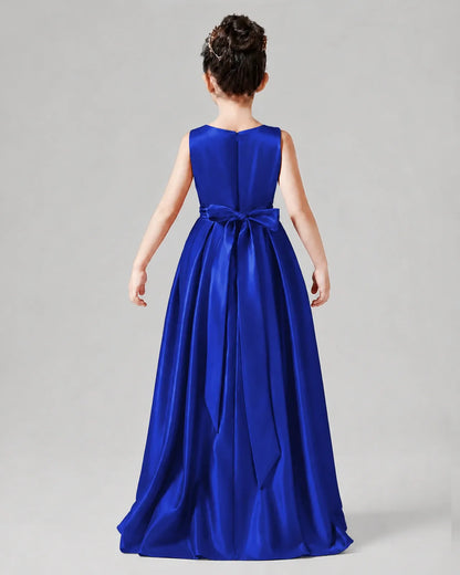 Royal Blue Satin A-line Junior Bridesmaid Dress Back View