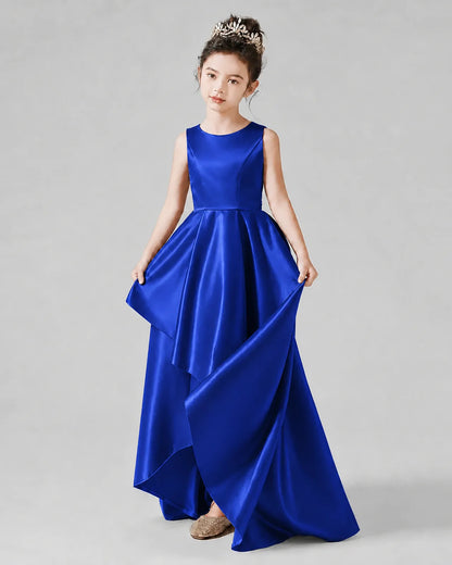 Royal Blue Satin A-line Junior Bridesmaid Dress Front View