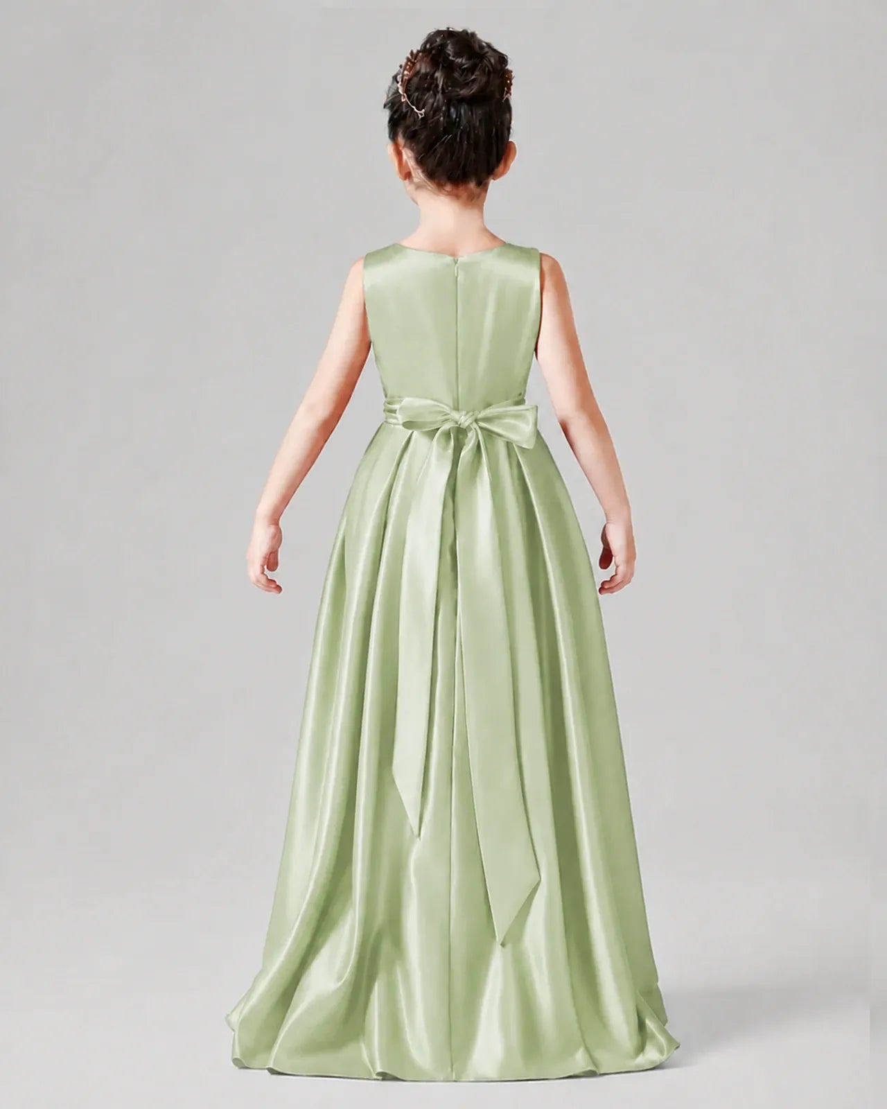 Sage Green Satin A-line Junior Bridesmaid Dress Back View