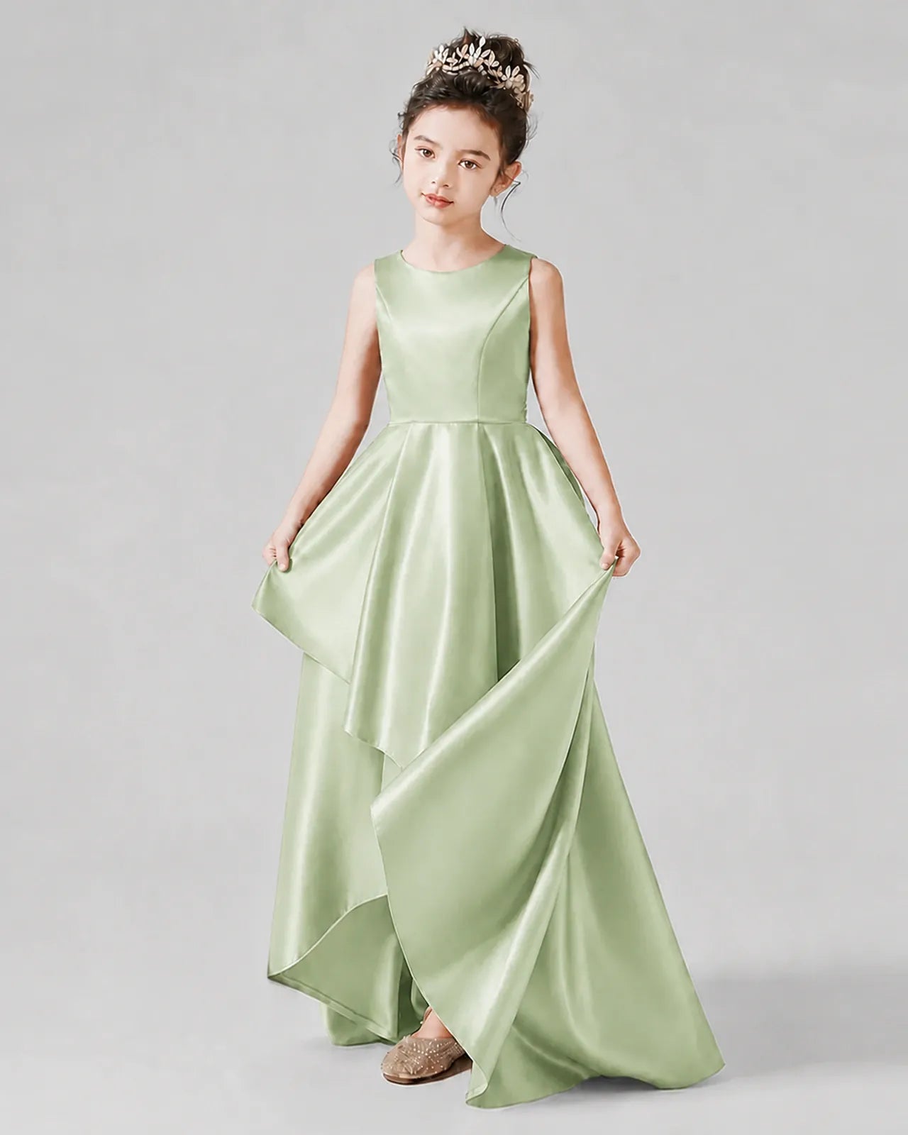 Sage Green Satin A-line Junior Bridesmaid Dress Front View