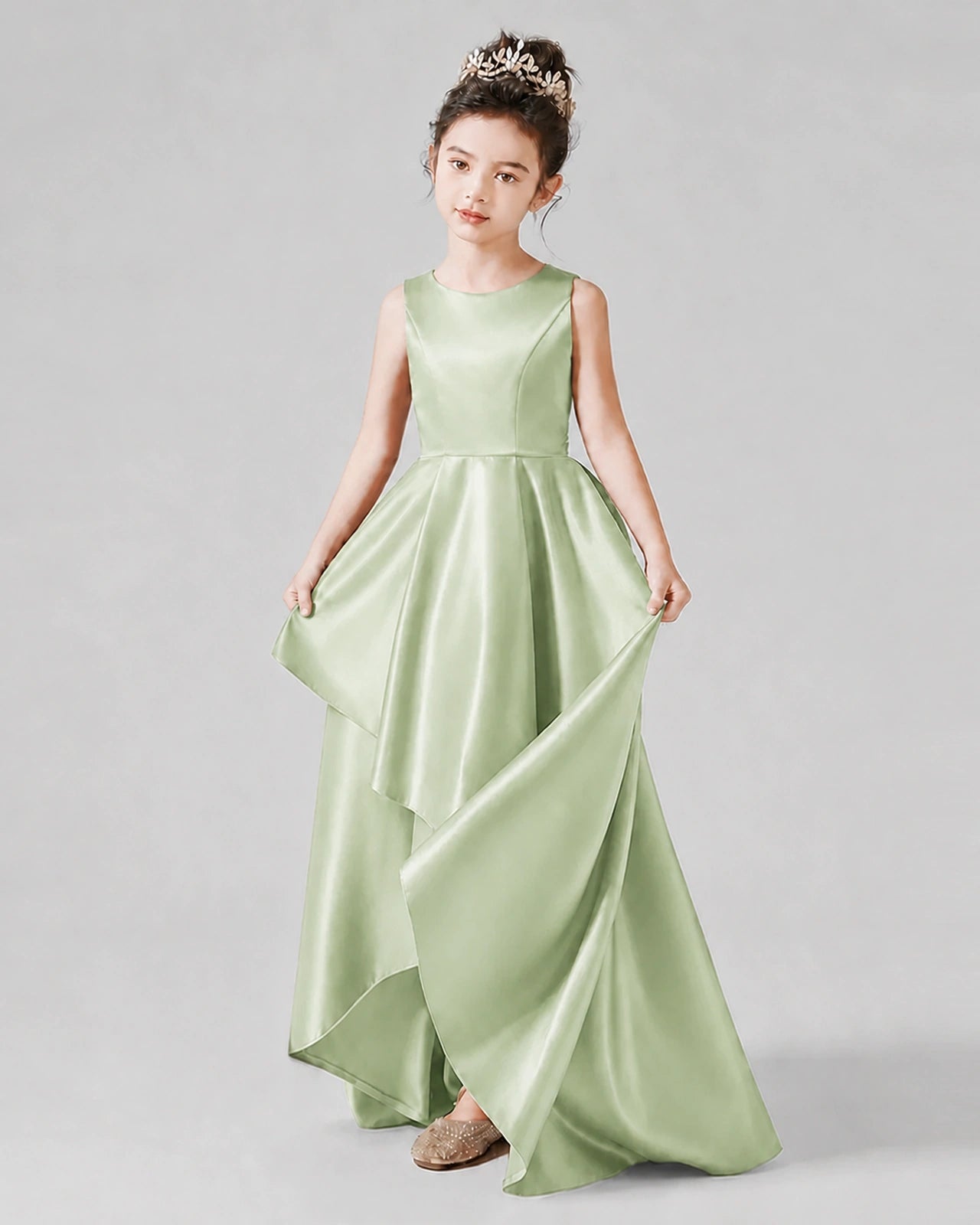 Dideyttawl Junior Bridesmaid Dress with Sleeveless Satin Bodice and High-Low Skirt