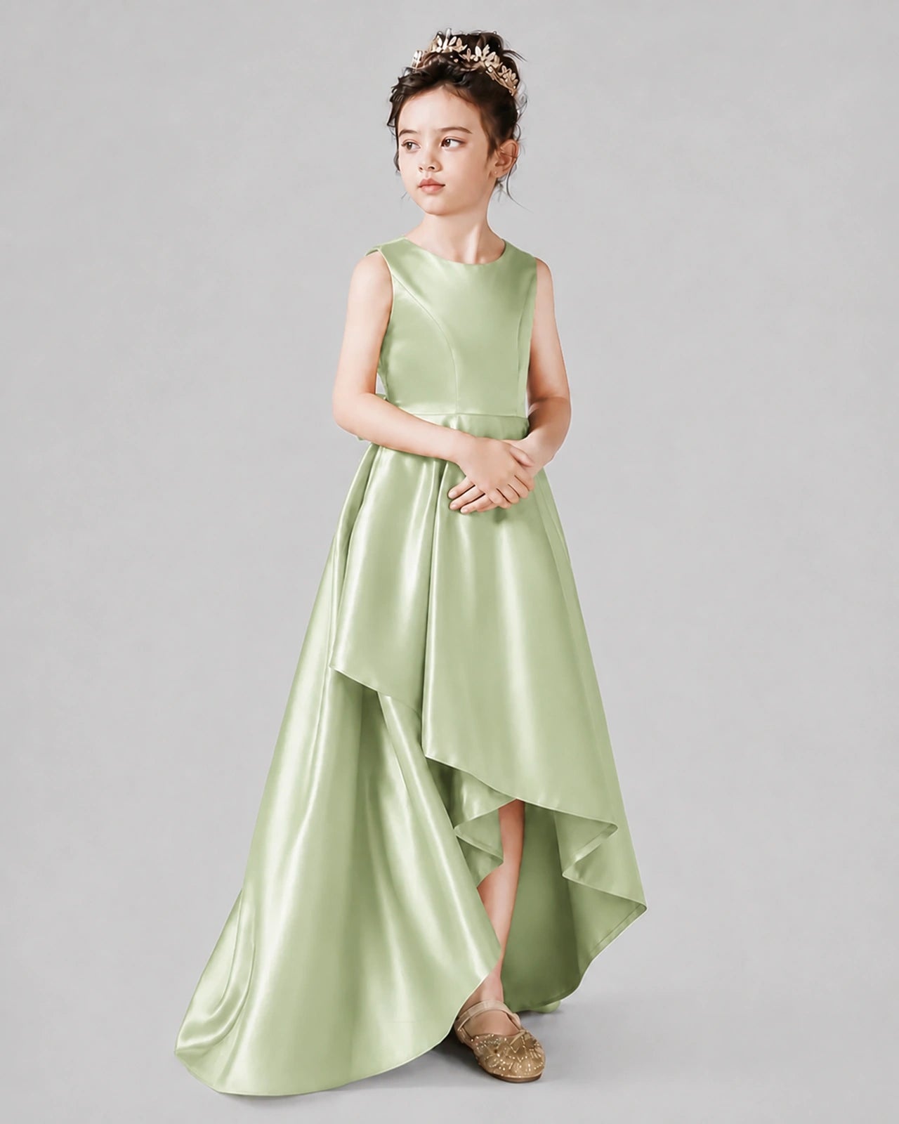 Dideyttawl Junior Bridesmaid Dress with Sleeveless Satin Bodice and High-Low Skirt