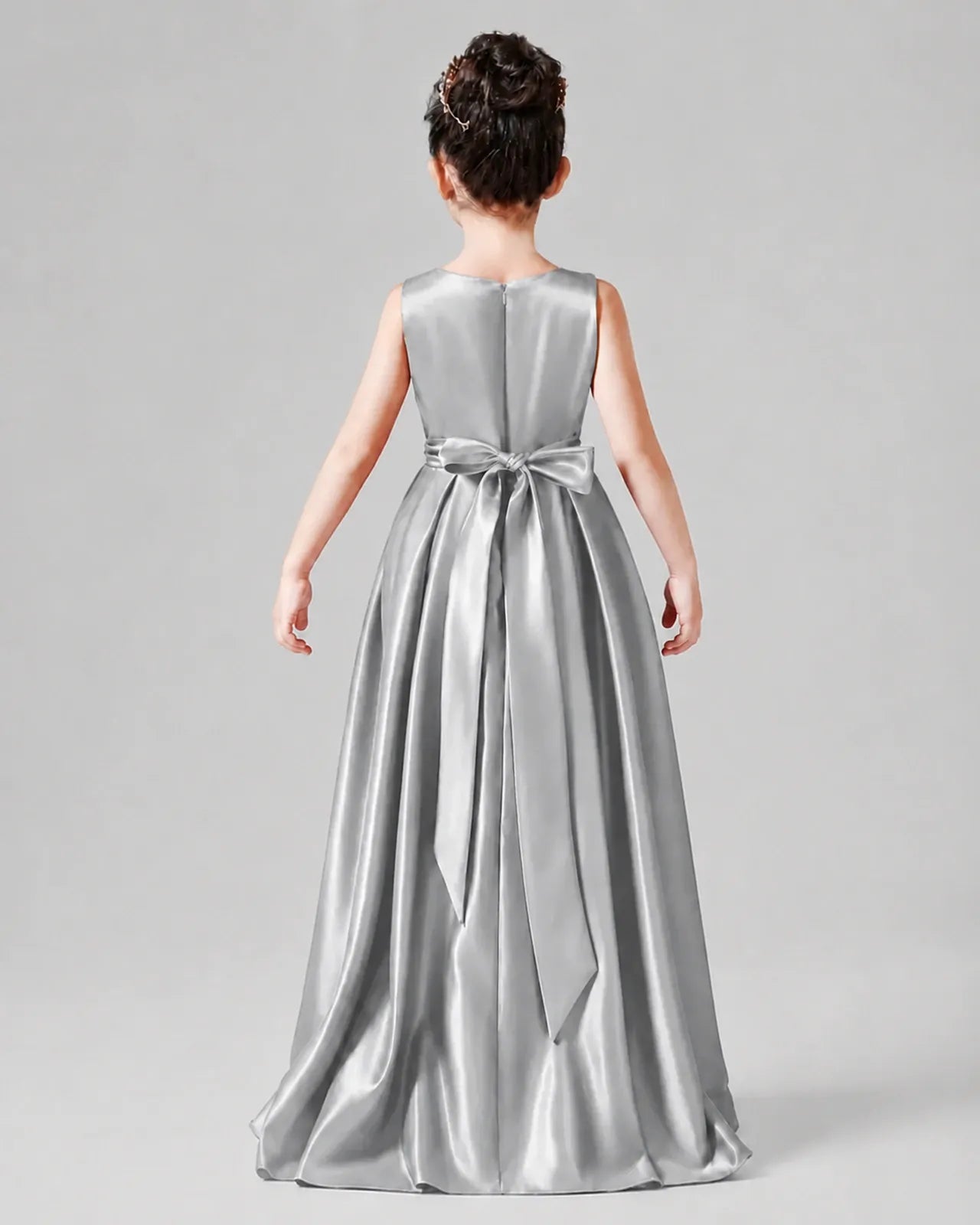 Silver Satin A-line Junior Bridesmaid Dress Back View