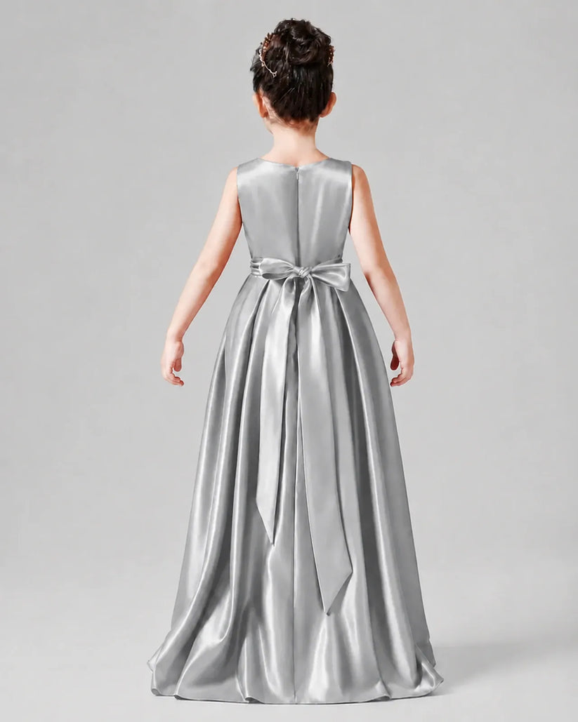 Silver Satin A-line Junior Bridesmaid Dress Back View