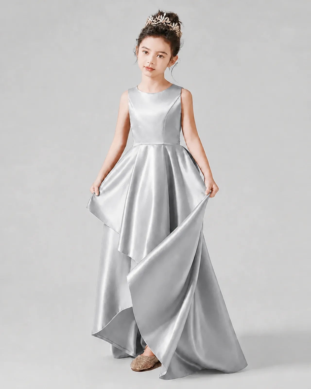 Silver Satin A-line Junior Bridesmaid Dress Front View