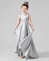 Silver Satin A-line Junior Bridesmaid Dress Front View