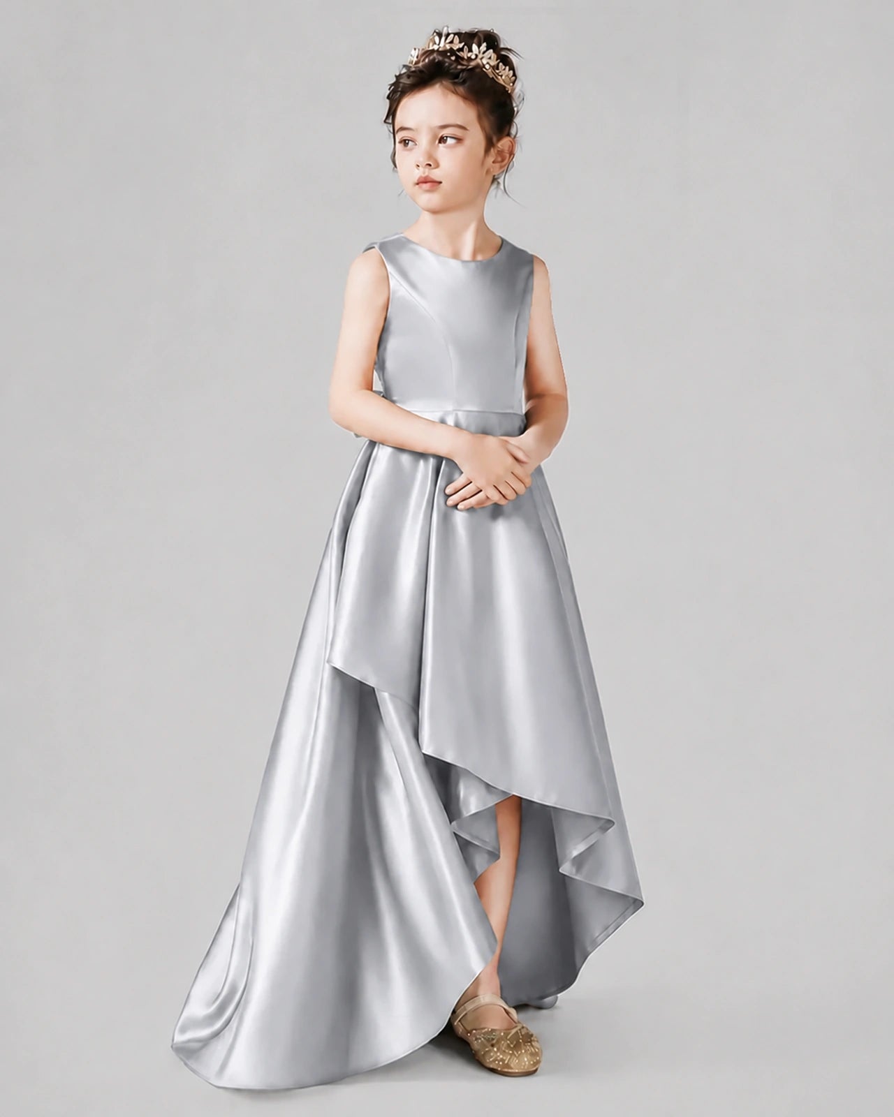 Dideyttawl Junior Bridesmaid Dress with Sleeveless Satin Bodice and High-Low Skirt