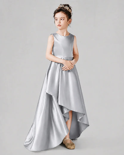 Silver Satin A-line Junior Bridesmaid Dress Side View
