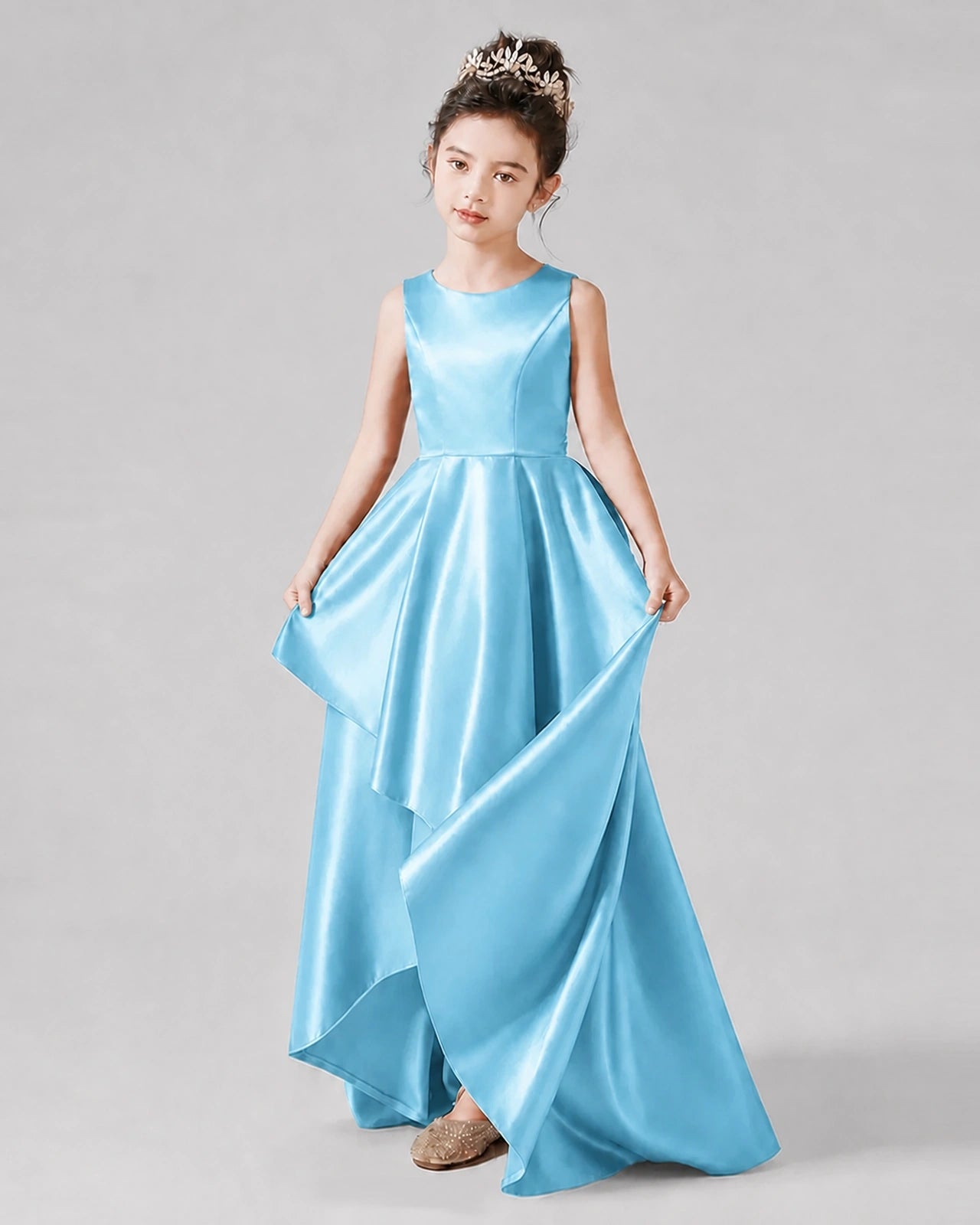 Dideyttawl Junior Bridesmaid Dress with Sleeveless Satin Bodice and High-Low Skirt