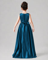 Teal Satin A-line Junior Bridesmaid Dress Back View