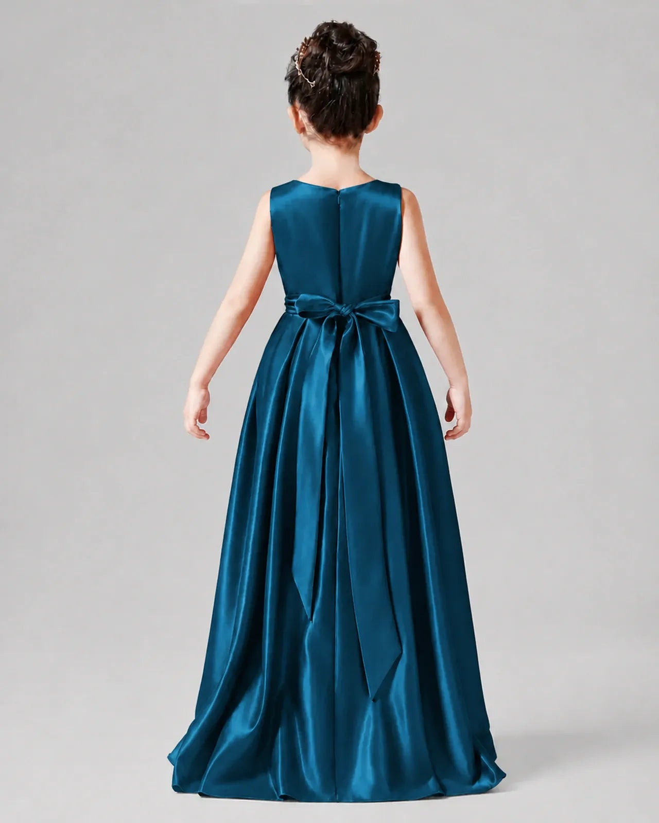 Teal Satin A-line Junior Bridesmaid Dress Back View