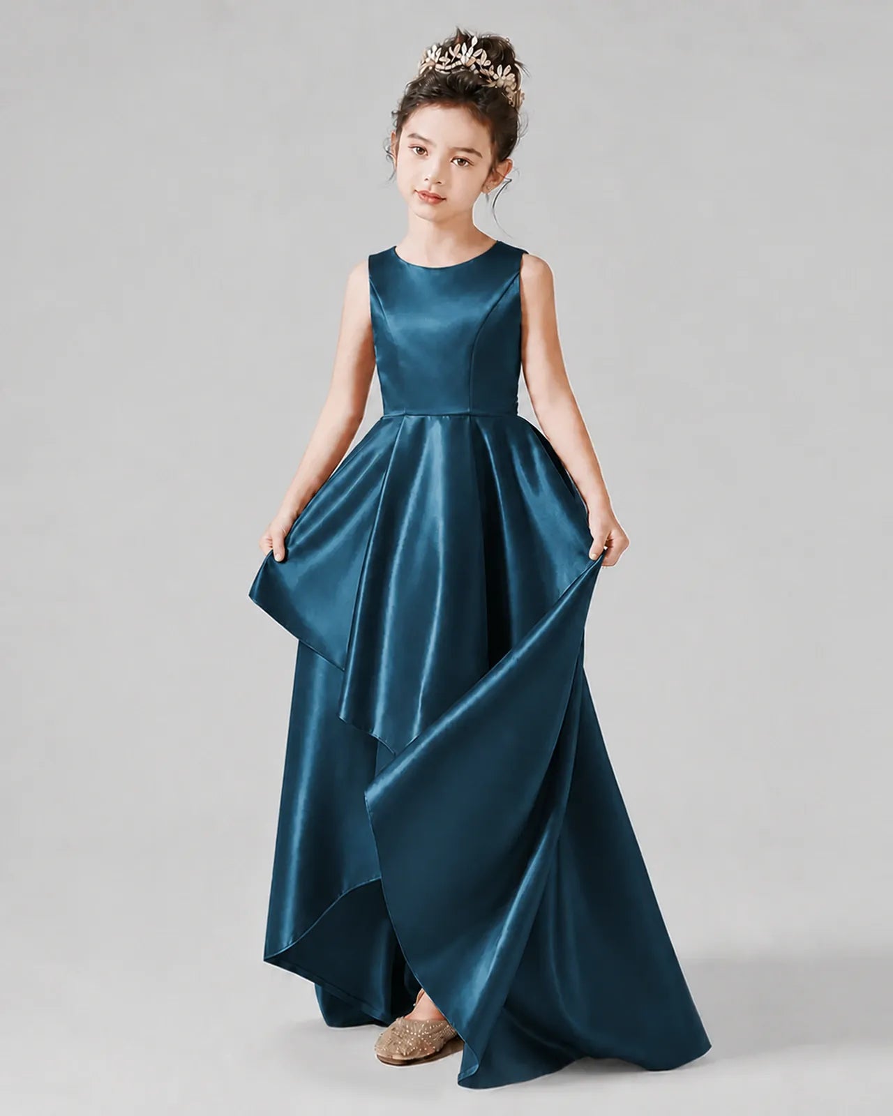Teal Satin A-line Junior Bridesmaid Dress Front View