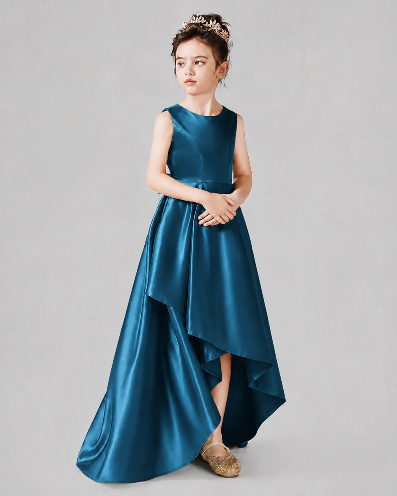 Dideyttawl Junior Bridesmaid Dress with Sleeveless Satin Bodice and High-Low Skirt