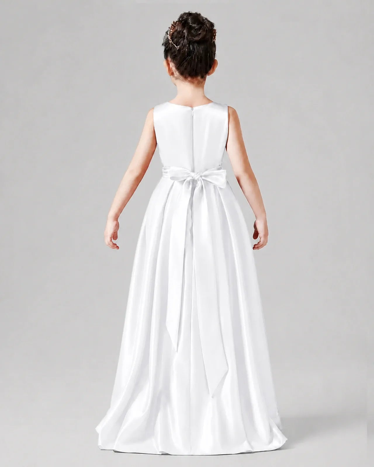 White Satin A-line Junior Bridesmaid Dress Back View