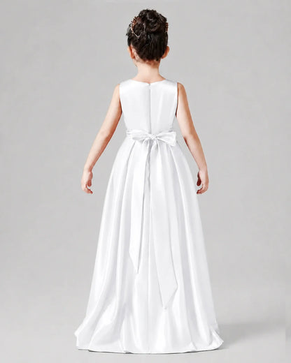 White Satin A-line Junior Bridesmaid Dress Back View