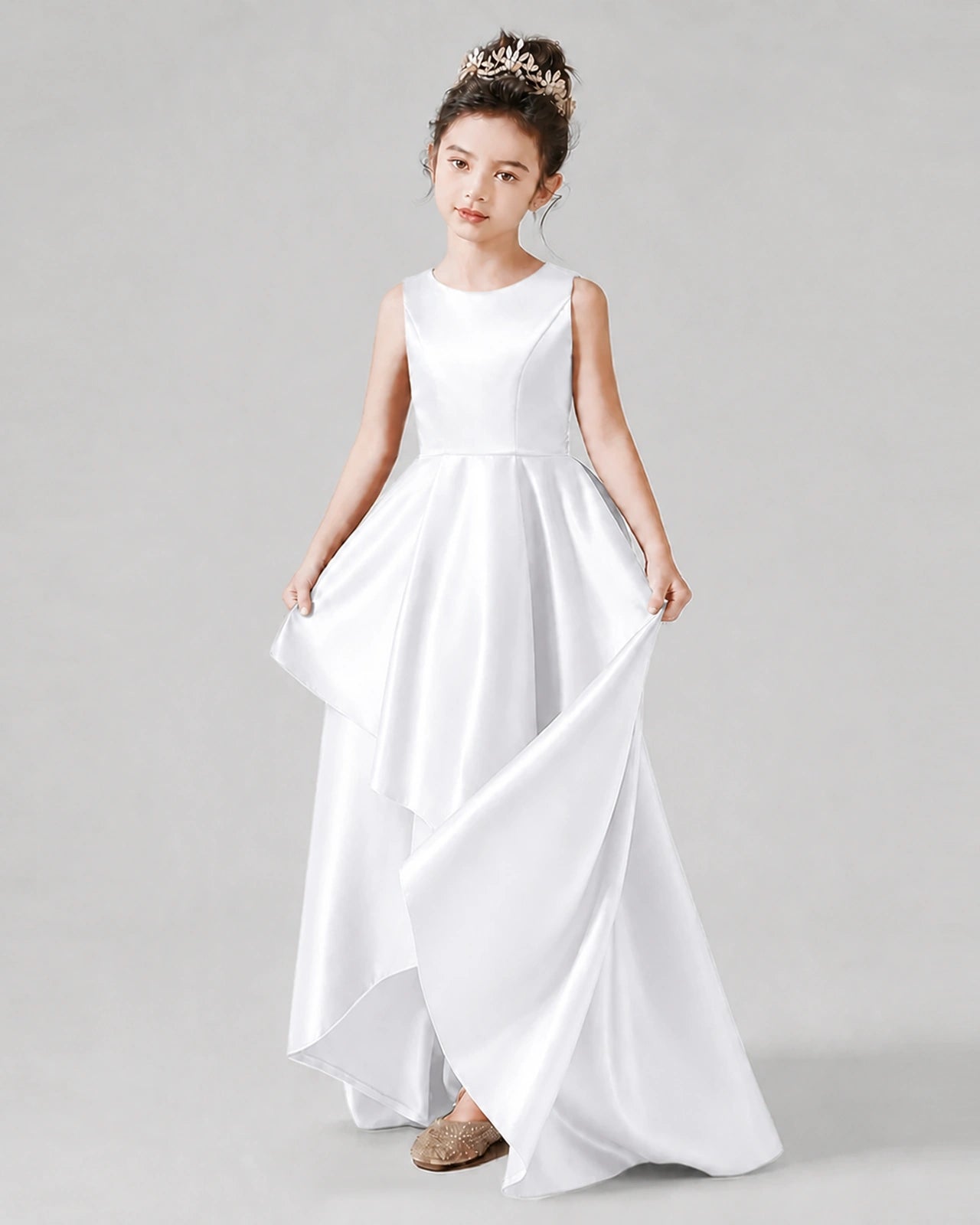 Dideyttawl Junior Bridesmaid Dress with Sleeveless Satin Bodice and High-Low Skirt
