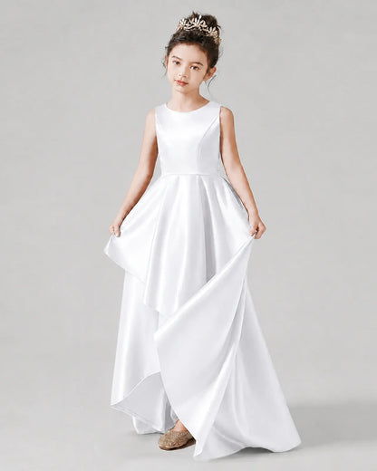 White Satin A-line Junior Bridesmaid Dress Front View