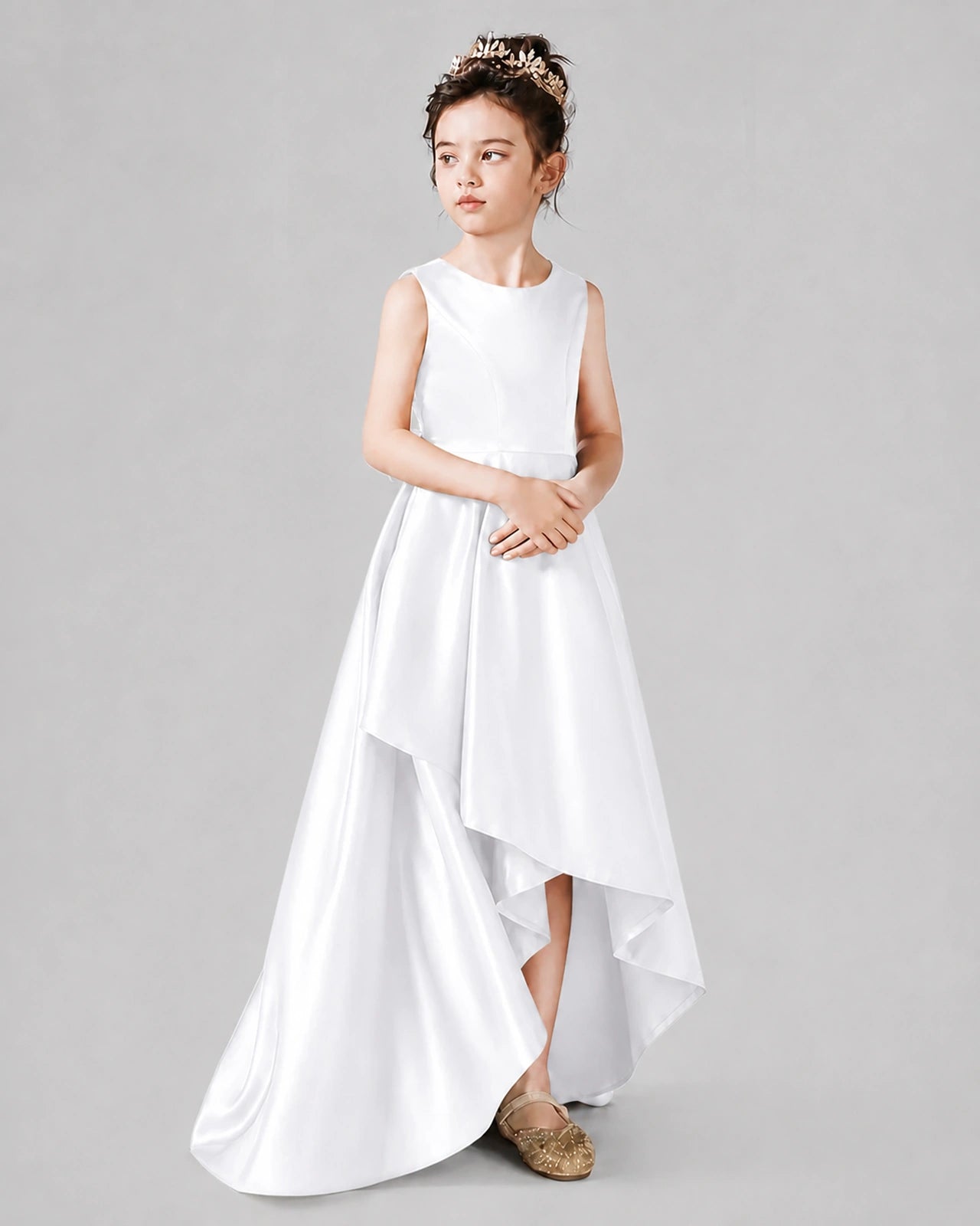 Dideyttawl Junior Bridesmaid Dress with Sleeveless Satin Bodice and High-Low Skirt