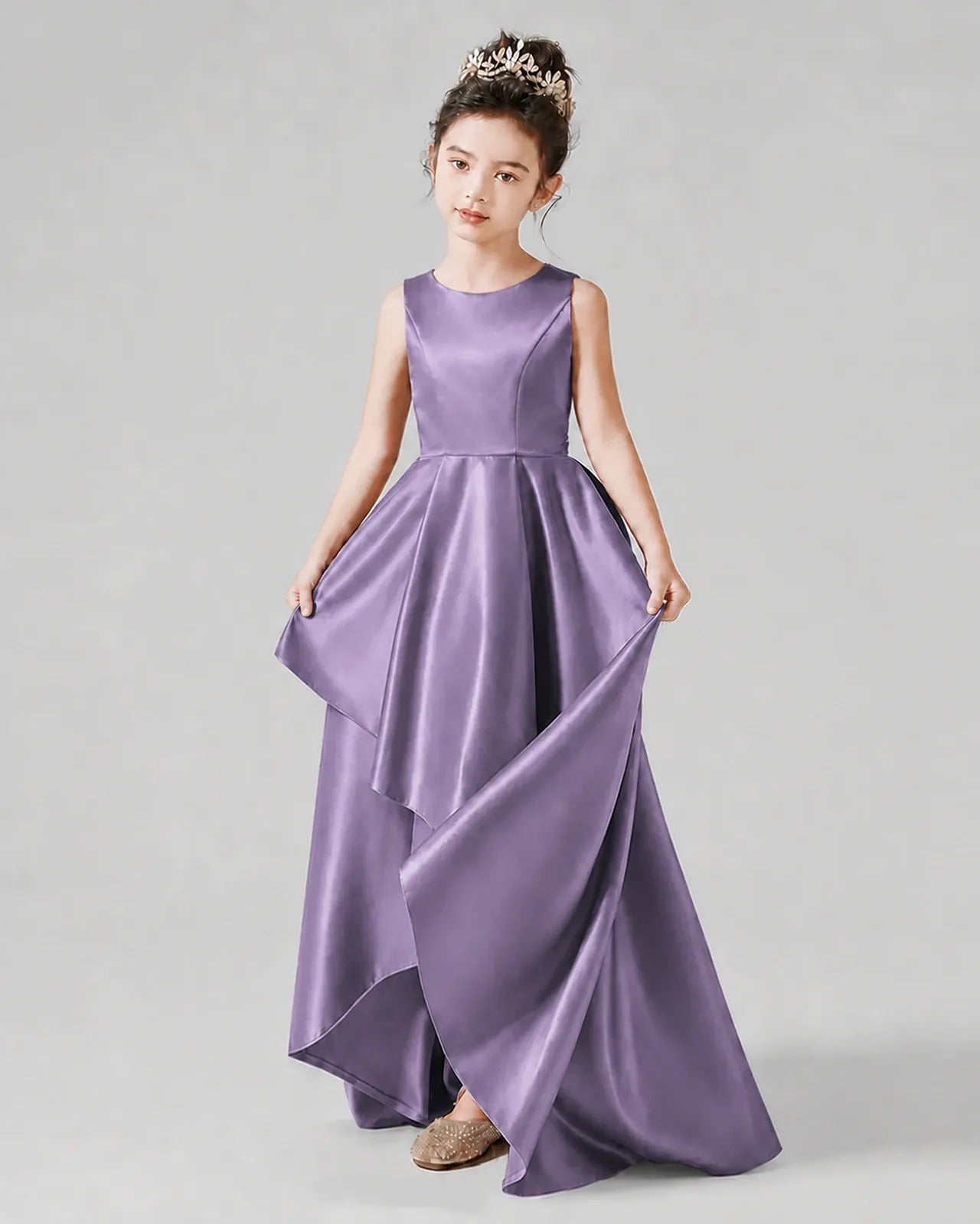 Wisteria Satin A-line Junior Bridesmaid Dress Front View