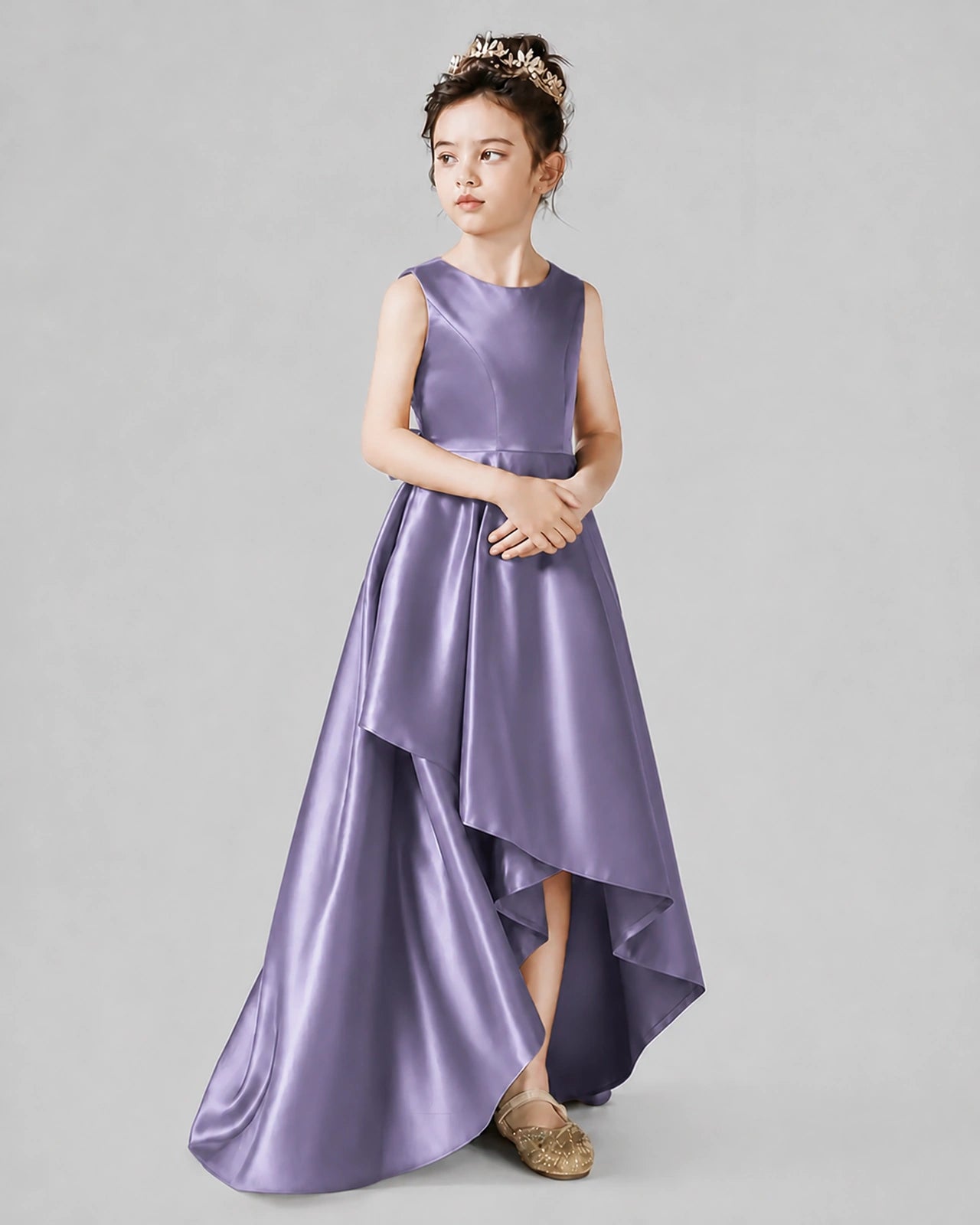 Dideyttawl Junior Bridesmaid Dress with Sleeveless Satin Bodice and High-Low Skirt
