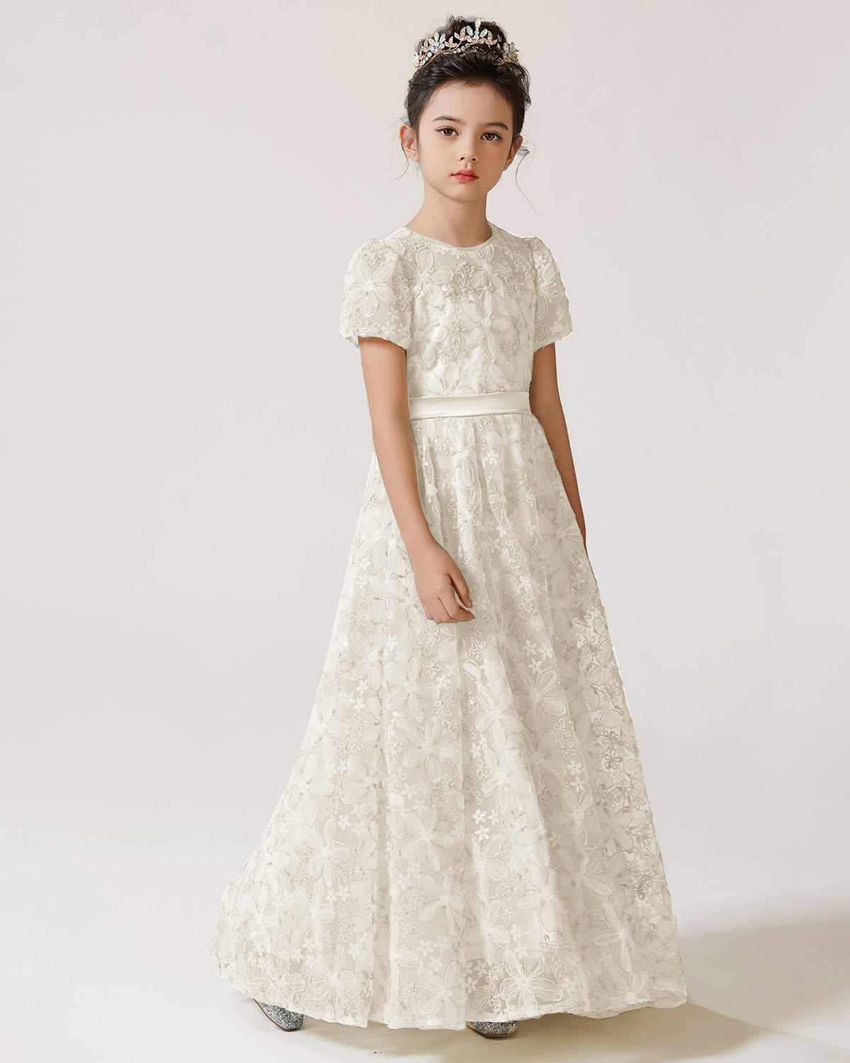 Ivory Lace A-line Girls Formal Dress Front View