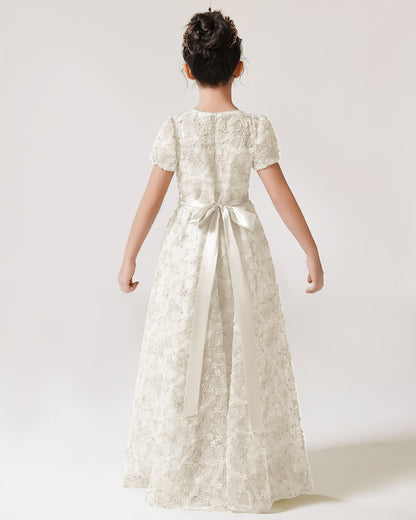 Ivory Lace A-line Girls Formal Dress Back View