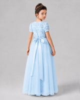 Baby Blue Satin Tulle A-line Girls Formal Dress Back View