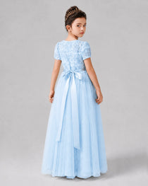 Dideyttawl Formal Dress with Puff Sleeves Floral Lace Bodice and Tulle Skirt