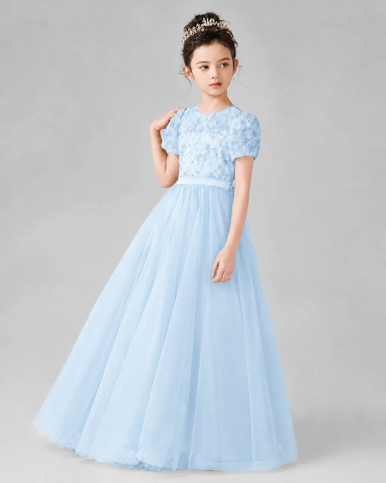 Baby Blue Satin Tulle A-line Girls Formal Dress Front View