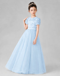 Dideyttawl Formal Dress with Puff Sleeves Floral Lace Bodice and Tulle Skirt