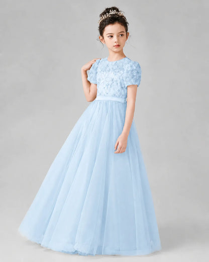 Baby Blue Satin Tulle A-line Girls Formal Dress Front View