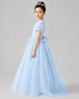 Baby Blue Satin Tulle A-line Girls Formal Dress Side View