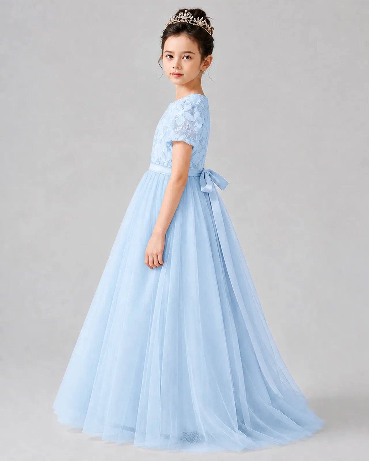 Baby Blue Satin Tulle A-line Girls Formal Dress Side View