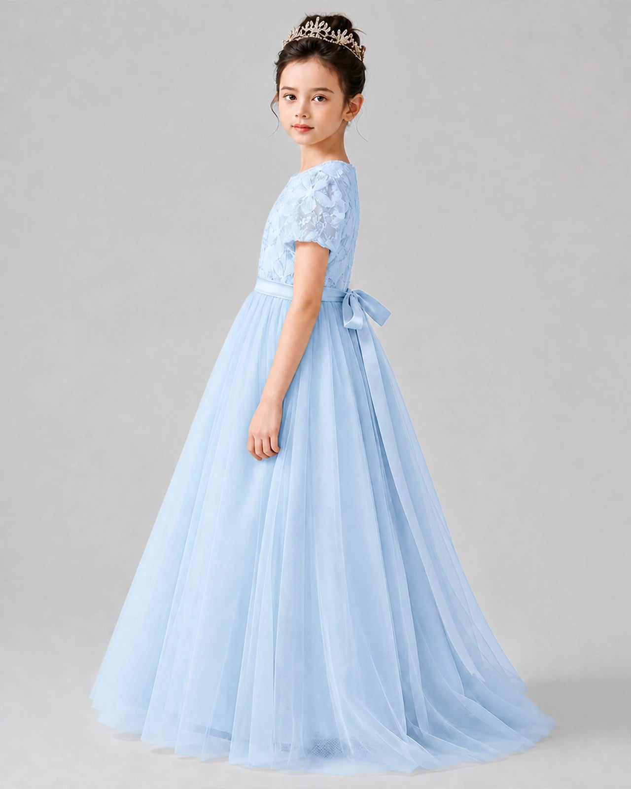 Dideyttawl Formal Dress with Puff Sleeves Floral Lace Bodice and Tulle Skirt