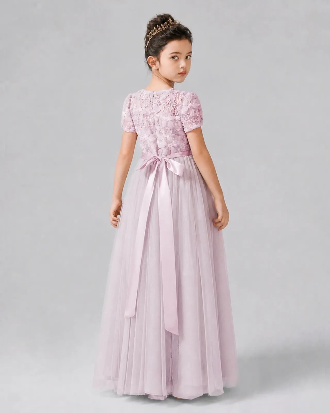 Blush Pink Satin Tulle A-line Girls Formal Dress Back View