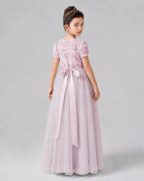 Dideyttawl Formal Dress with Puff Sleeves Floral Lace Bodice and Tulle Skirt