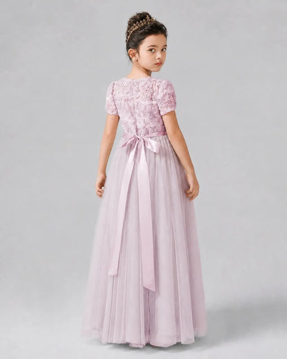 Blush Pink Satin Tulle A-line Girls Formal Dress Back View