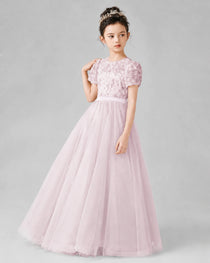 Dideyttawl Formal Dress with Puff Sleeves Floral Lace Bodice and Tulle Skirt