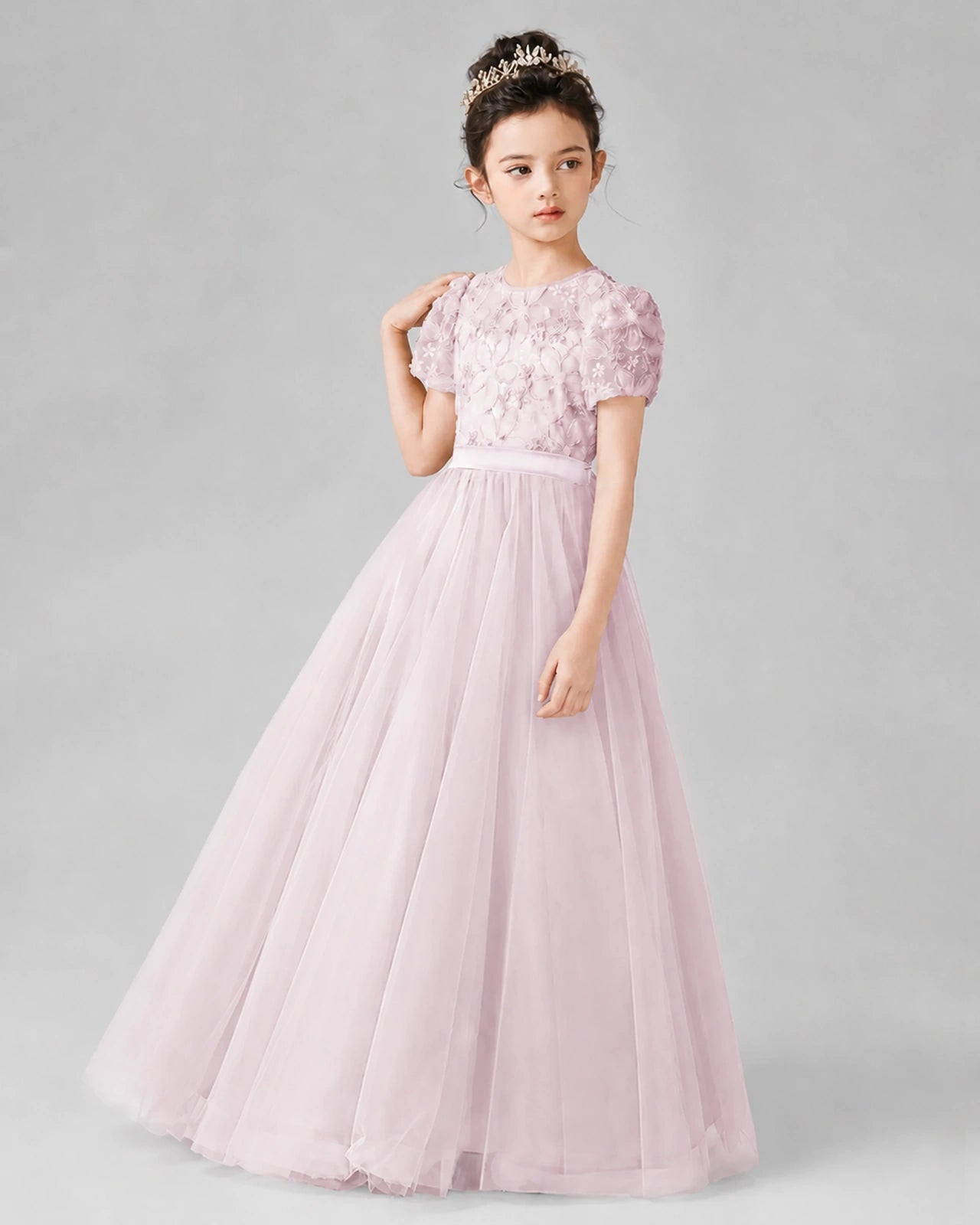 Dideyttawl Formal Dress with Puff Sleeves Floral Lace Bodice and Tulle Skirt